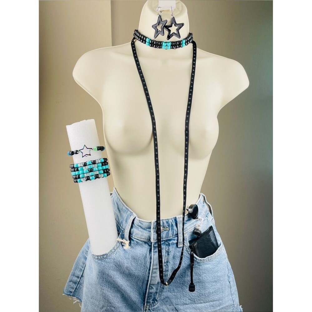 8pc glow choker binky cord cuff wallet bag phone lanyard earrings blk turquoise - Picture 3 of 15